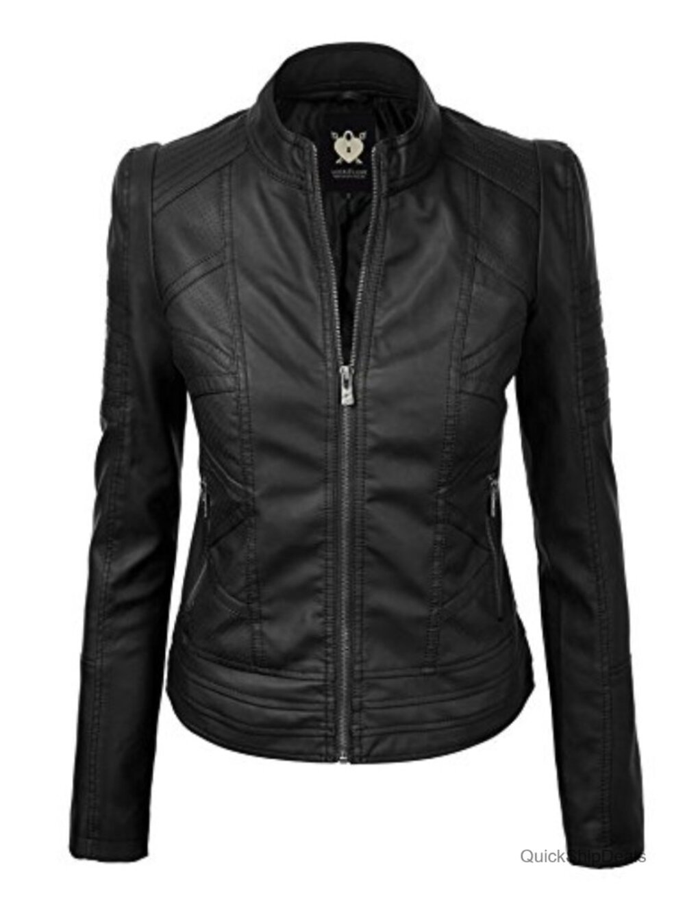 Women's Slim Fit Faux Leather Moto Jacket - Vegan Leather Biker Coat